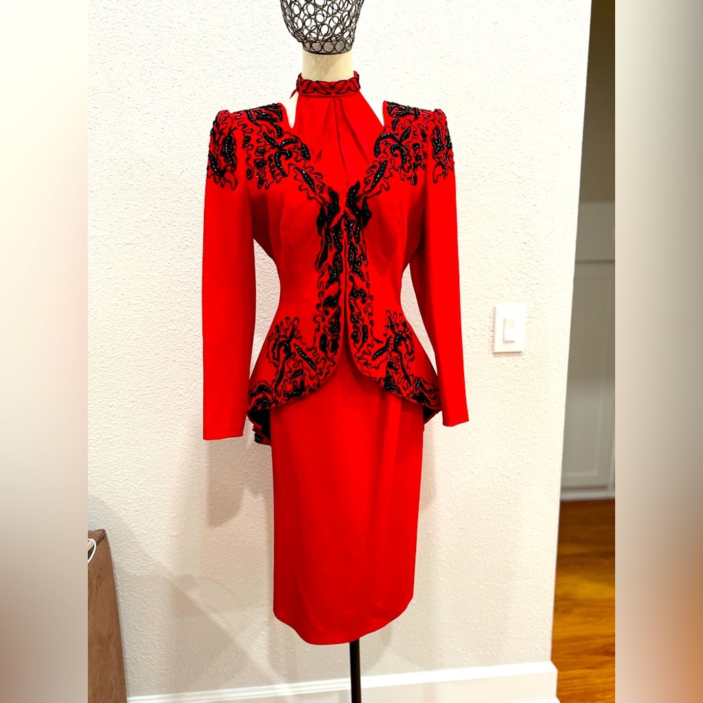 Women’s 3 Piece Designer Red Skirt Suit with Unique Black Bead Appliqué